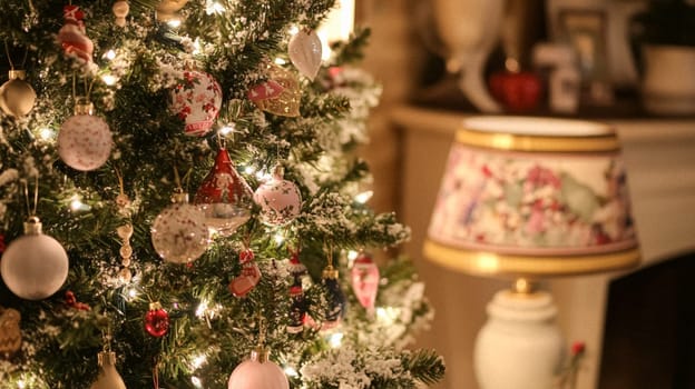 Christmas, holiday decor and country cottage style, cosy atmosphere, decorated Christmas tree in the English countryside house living room with fireplace, interior decoration idea