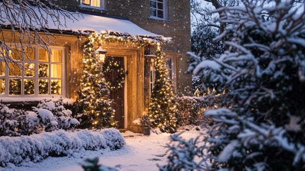 Christmas in the countryside, cottage decorated for holidays on a snowy winter evening with snow and holiday lights, English country styling inspiration