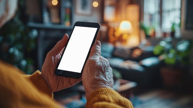 An Elderly hand holding smartphone in cozy living room setting, showcasing technology use