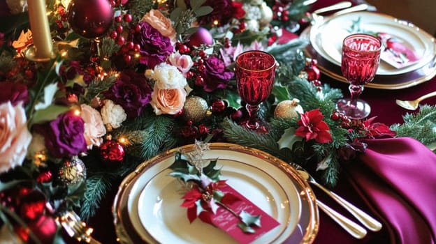 Christmas tablescape decoration, formal family dinner holiday celebration, luxury table setting decor, English country and home style idea