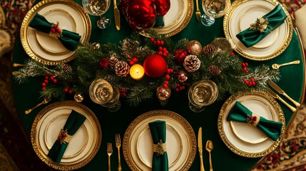 Christmas tablescape decoration, formal family dinner holiday celebration, luxury table setting decor, English country and home style idea