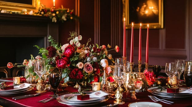 Christmas tablescape decoration, formal family dinner holiday celebration, luxury table setting decor, English country and home style idea