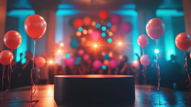 A modern podium set up in vibrant event hall with colorful balloons and lights, creating exciting atmosphere for celebrations