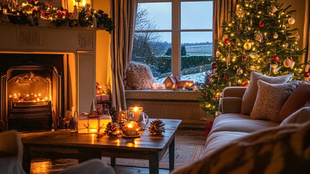 Christmas, holiday decor and country cottage style, cosy atmosphere, decorated Christmas tree in the English countryside house living room with fireplace, interior decoration idea