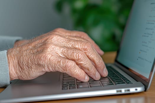 A Close up of elderly man hands carefully typing on laptop keyboard, showcasing details of age and experience