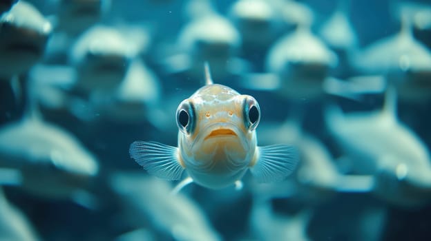A close up of tiny fish with determined expression swimming among others. underwater scene captures vibrant aquatic life beautifully