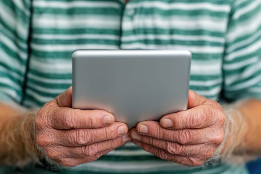 A Senior man hands holding tablet device, showcasing careful interaction and technology use