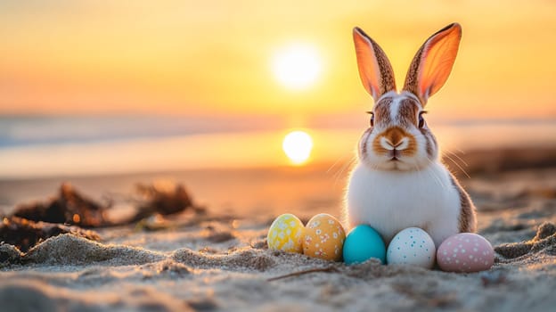 A cute rabbit sits on the beach with colorful Easter eggs at sunset.