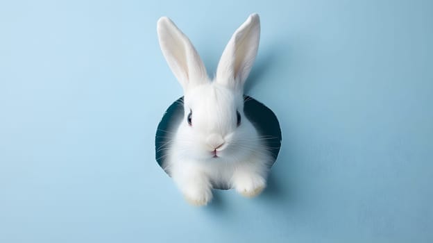 A cute white rabbit peeking through a round hole in a blue background.