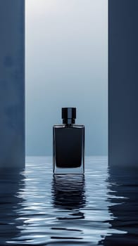 A dark perfume bottle silhouetted against a serene backdrop.