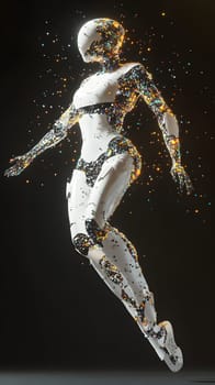 A futuristic humanoid robot composed of particles in motion.