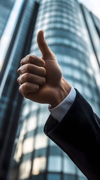 A hand giving a thumbs-up gesture in an urban setting.