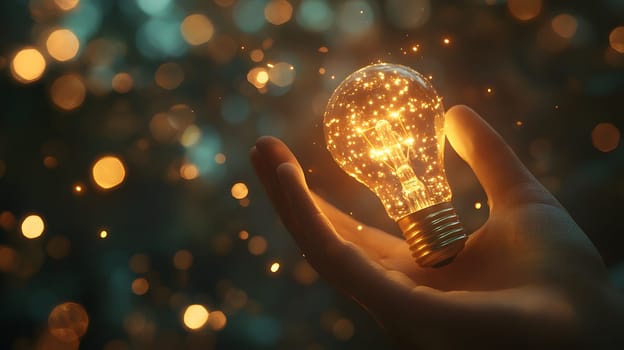 A hand holding a glowing light bulb filled with sparkles.