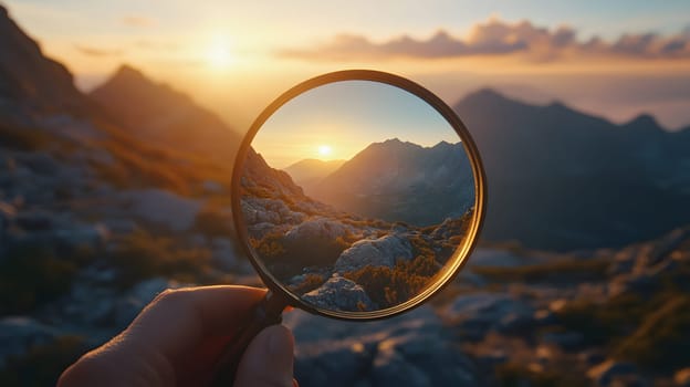 A hand holding a magnifying glass reflecting a mountain sunset.