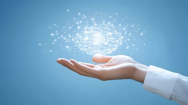 A hand holding glowing particles, symbolizing innovation and ideas.