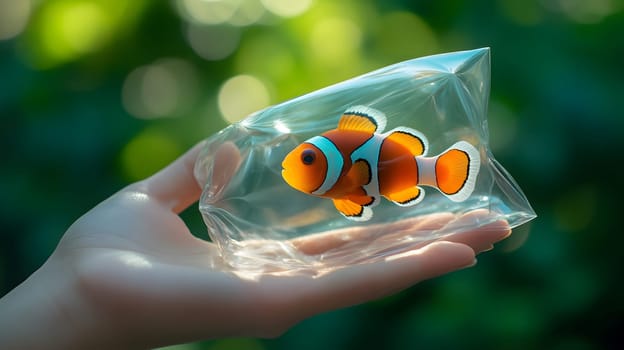 A hand holds a clear bag with a clownfish inside.