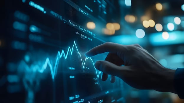 A hand interacting with a digital financial graph display.