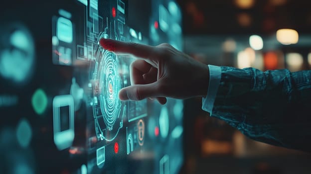 A hand interacting with a digital interface displaying data visuals.