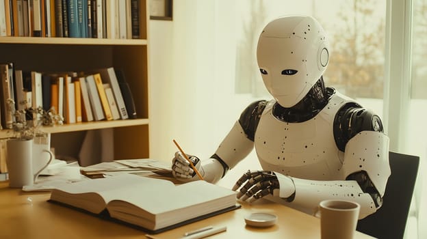 A humanoid robot writing in a book at a desk.