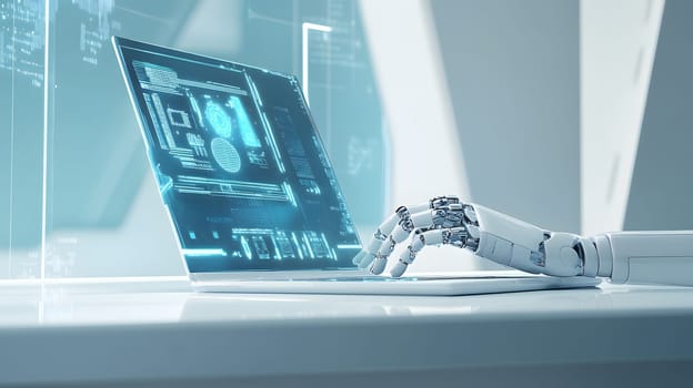 A robotic hand interacting with a futuristic laptop interface.