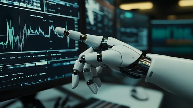 A robotic hand interacting with data on computer screens.
