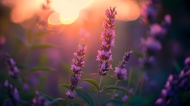A serene sunset scene highlighting blooming purple flowers.