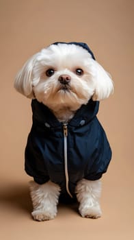 A small dog in a stylish navy jacket poses against a neutral backdrop.