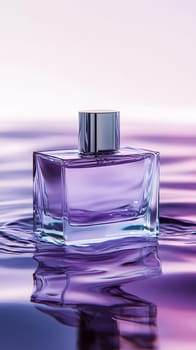 A stylish perfume bottle on a reflective surface with a gradient background.