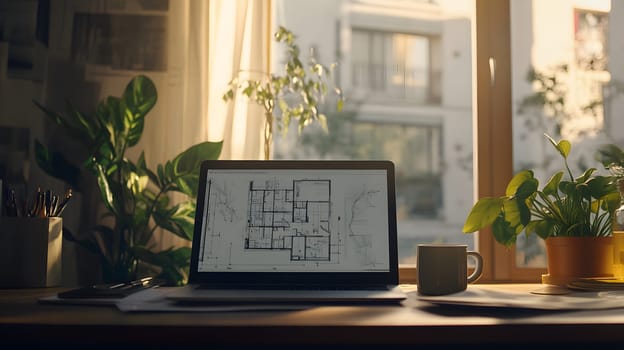 A workspace with architectural plans and plants in natural light.