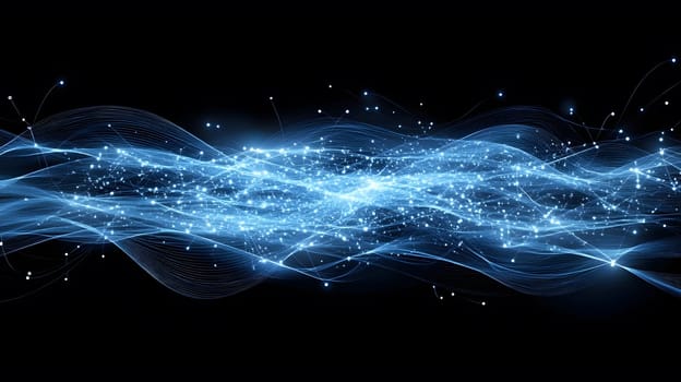Abstract blue wave with glowing particles on a black background.
