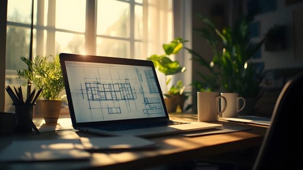 A workspace with a laptop displaying architectural plans and plants.
