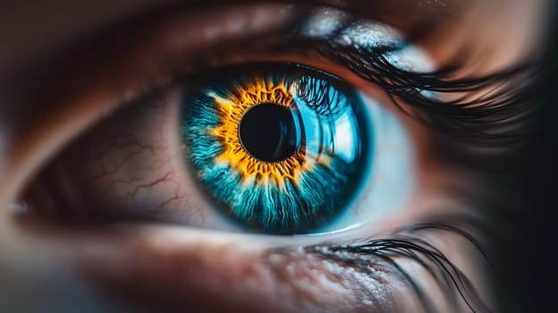 Close-up of a vibrant, colorful eye with intricate details.