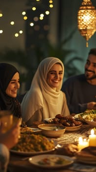 Friends enjoying a meal together, surrounded by warm lighting.