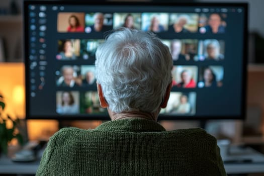 An Elderly woman video chatting with family on large screen, feeling connected and joyful