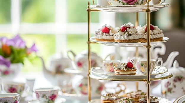 Elegant table setting for tea party with cakes and cupcakes in English manor. Selective focus. Vintage style