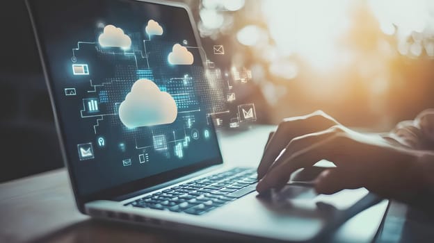 Laptop displaying cloud computing graphics and user interaction.