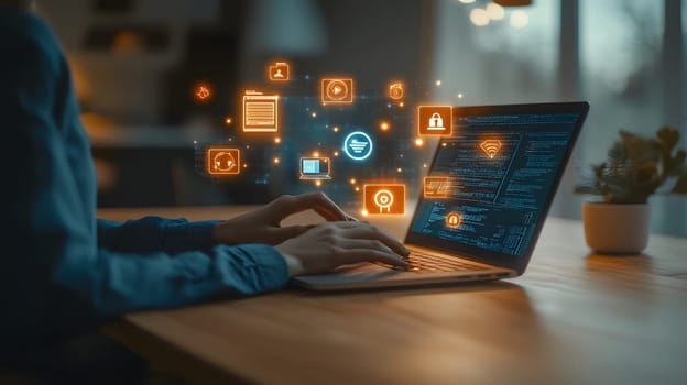 Person typing on a laptop with digital icons floating above.