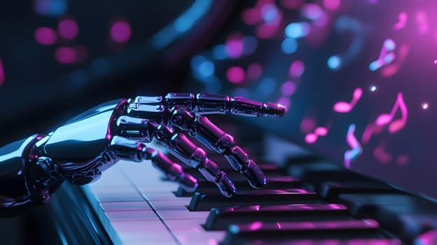 Robotic hand playing piano with musical notes in vibrant colors.