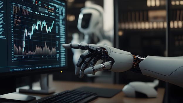 Robotic hand interacting with data on a computer screen.