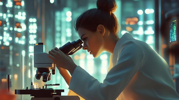 Scientist examining samples under a microscope in a lab setting.