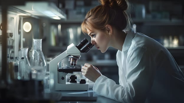 Scientist examining samples under a microscope in a lab setting.