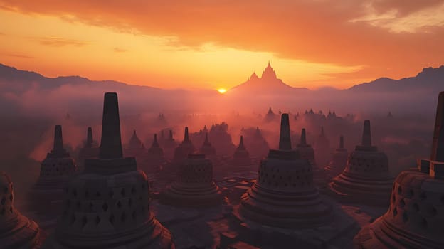 Serene sunrise over ancient stupas in a misty landscape.