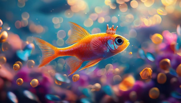 A small fish wearing crown swims gracefully among colorful bubbles and shimmering lights, creating magical underwater scene