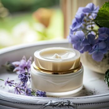 Cosmetic cream in a glass jar. Skin care concept. Background for beauty products