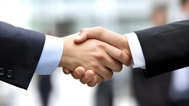 Two hands engaged in a handshake, symbolizing agreement or partnership.