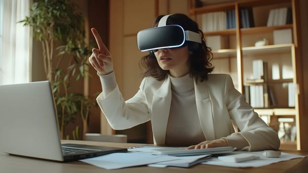 Woman in VR headset engaging with technology at a desk.