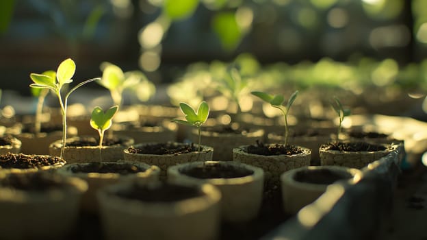 Young plant seedlings growing in biodegradable pots under soft light.