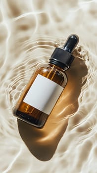 A brown glass dropper bottle on a sandy surface with water ripples.
