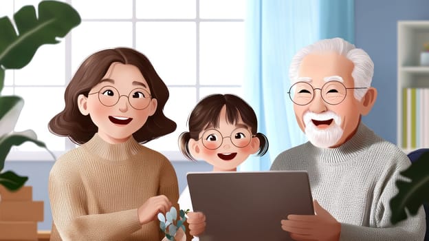 A Joyful grandparents and grandchild video chatting, sharing smiles and love