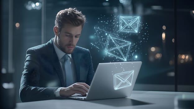 A businessman working on a laptop with digital email icons above.